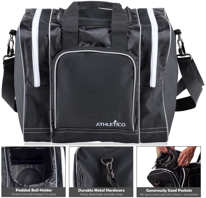 Athletico Bowling Bag for Single Ball - Single Ball Tote Bag With Padded Ball Holder - Fits a Single Pair of Bowling Shoes Up to Mens Size 14 (Black) - Image 3